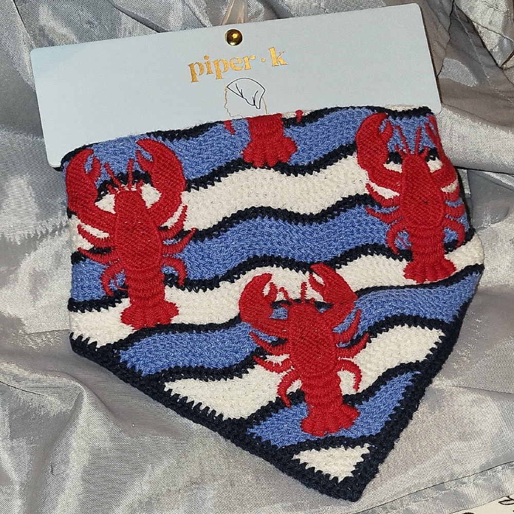 Piper K Red Lobster Knit Bandana  Blue, White & Black Waves Hair Scarf LS